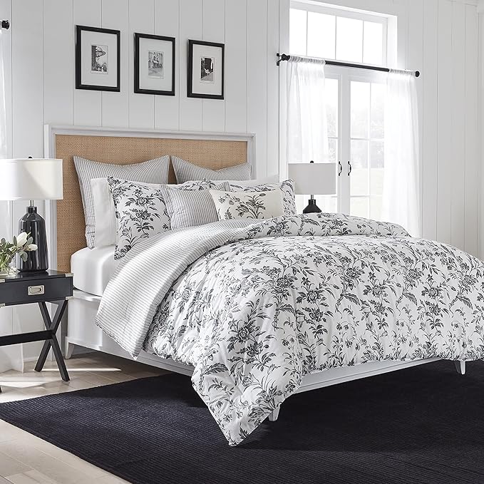 Laura Ashley - King Comforter Set, Reversible Cotton Bedding, Includes Matching Shams with Bonus Euro Shams & Throw Pillows (Amberley Black/White, King)