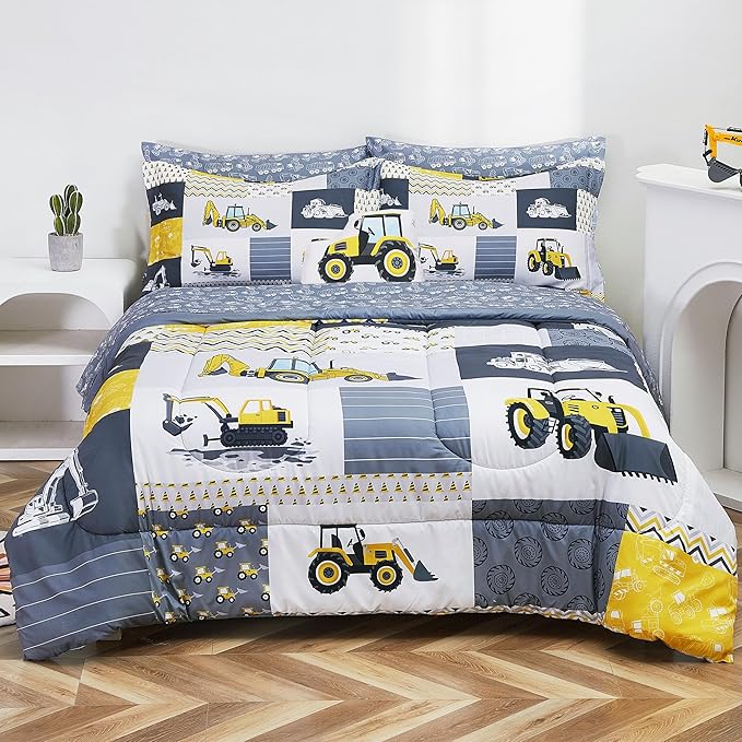 Mooreeke Kids Twin Comforter Sets for Boys 6 Pieces Yellow Excavator Bedding Set for Teens Microfiber Kids Bed in A Bag with Comforter, Sheet Set, Shams and Decorative Toy Pillow All Season