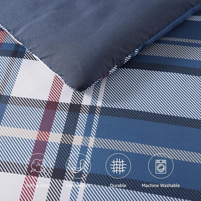 Plaid Twin XL Comforter Set Medium Blue, Bedding Set 5 Pieces for Boys Girls Teen, Lightweight Bed in a Bag for Dorm with Sheets, Pillowcase & Sham