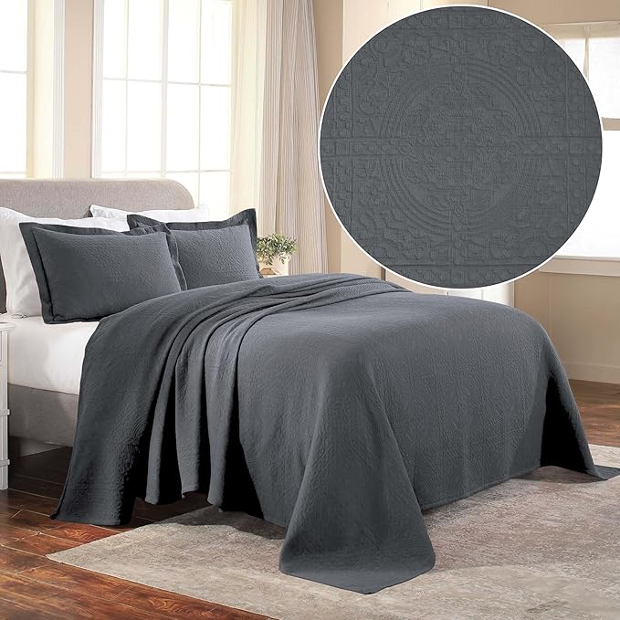Superior Cotton Fleur De Lis Bedspread Set, Warm Blankets, All-Season Bedding, Bedroom Decor, Decorative Boho Medallion Coverlet, Includes 1 Bedspread, 2 Pillow Shams, Queen, Grey