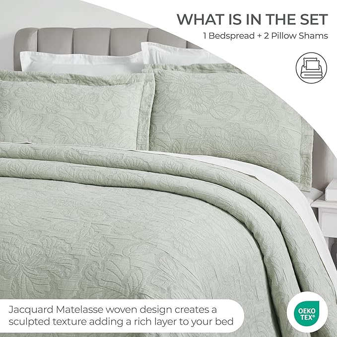 Superior 3 Piece Cotton Bedspread Set, Home Decor, Decorative Bed Spread, 2 Pillow Shams, Medium Weight Blanket, Matelasse Coverlet, Bedding Essentials, Hibiscus Collection, California King, Sage