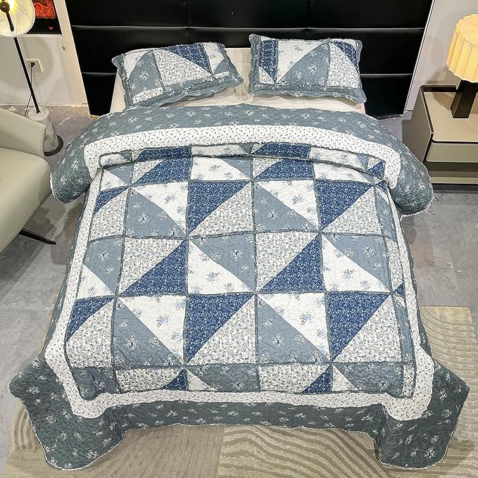 Full Queen Size Patchwork Quilt Set Grey Floral Reversible Quilted Bedspread Coverlet Set 3-Piece Lightweight Comforter Stitched Quilt Bedding Set Bed Sheet Set Cover Blanket with 2 Pillow Shams