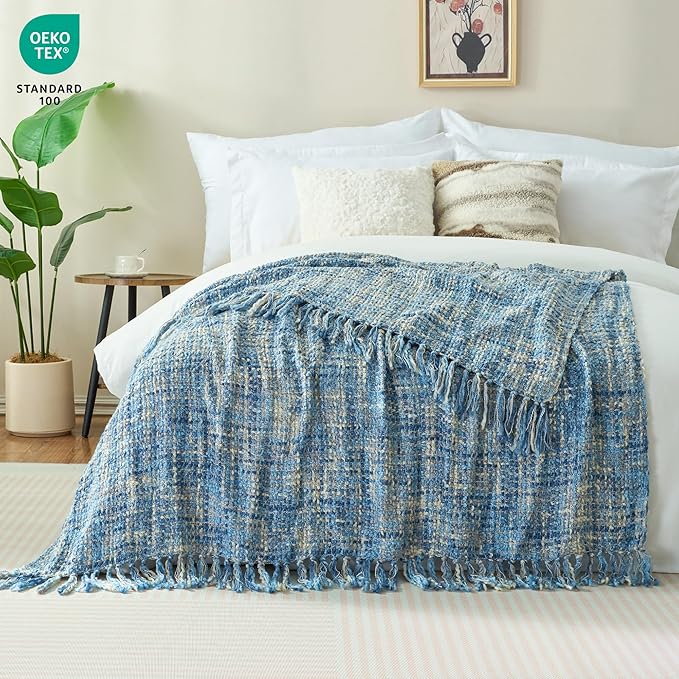 Multi-Color Light Blue Cable Knitted Throw Blanket for Couch,50"X60" Boho Style Textured Blankets for Home Decor,Super Soft Warm Cozy Chunky Knit Blanket with Decorative Tassels for Bed