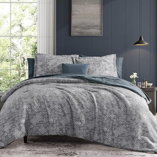 MaiRêve Full Size Comforter Set Navy Blue, Crinkle Textured Design Bedding Set 7 Pieces Bed in A Bag, All Season Farmhouse Comforter Set with Sheets, Pillowcases & Shams