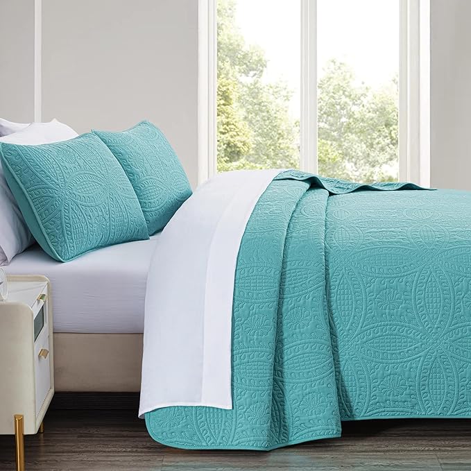 Chezmoi Collection Austin 3-Piece Oversized Bedspread Coverlet Set (King, Turquoise)