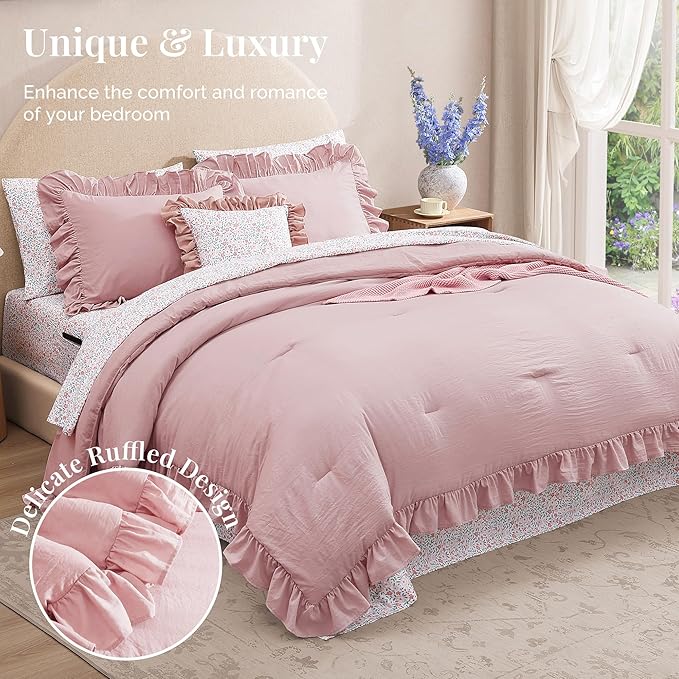 Full Comforter Set - 7 Pieces Ruffle Soft Pink Bedding Sets, Shabby Chic Farmhouse Bed in a Bag Full with Ruffle Comforter, Floral Sheets, Pillowcases & Shams