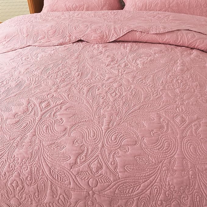 HoneiLife Quilt Sets King Size - 3 Piece Microfiber Quilt Set Lightweight Bedspreads Reversible Coverlets Rustic Bed Cover King Quilt Bedding Set All Season Quilts-Pink