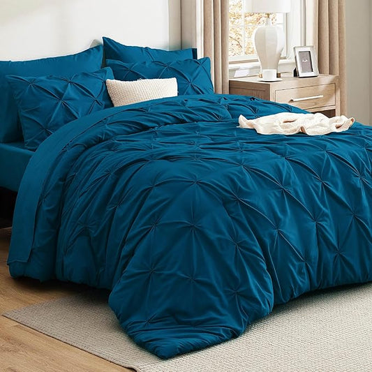 Bedsure King Size Comforter Set Teal - Bed in a Bag Bedding Set 7 Pieces, GentleSoft™ Pintuck Bed Set Gift for Family, Pinch Pleat Teal Comforter with Sheets, Pillowcases & Shams