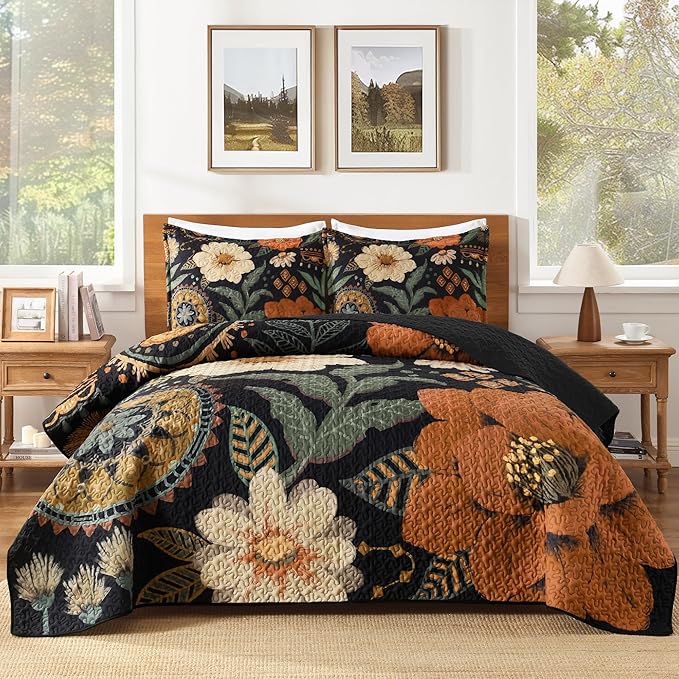 Andency Floral Boho Quilt King Size Bedding Set Brown Black, 3 Pieces Farmhouse Flower Botanical Summer Bedspreads with 2 Shams, Soft Reversible Lightweight Microfiber Coverlet Set, 106"x96"