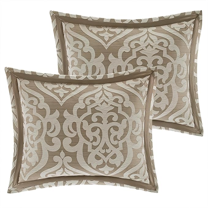 Madison Park Odette Cozy Comforter Set Jacquard Damask Medallion Design - Modern All Season, Down Alternative Bedding, Shams, Decorative Pillow, King(104 in x 92 in), Tan 8 Piece