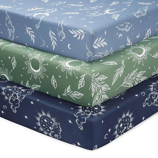 Baby Mini Crib Sheets Boy, Portable 38”x26” Pack and Play Sheets Fitted for Playard and Pack N Play Mattress, 3-Pack Soft Microfiber Blue Green Starry Sky