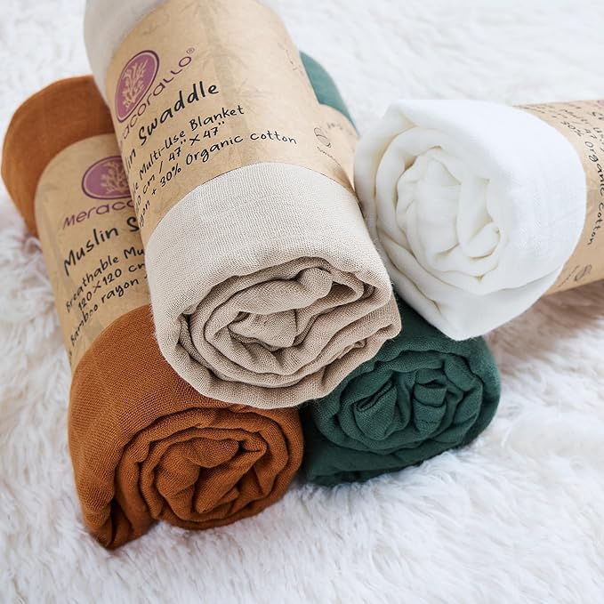 Meracorallo Muslin Swaddle Blanket Silky Soft Receiving Blanket Swaddle Wrap for Baby Boys and Girls, 47 x 47 inches, Set of 4 Solid Color, Brown Green Beige White