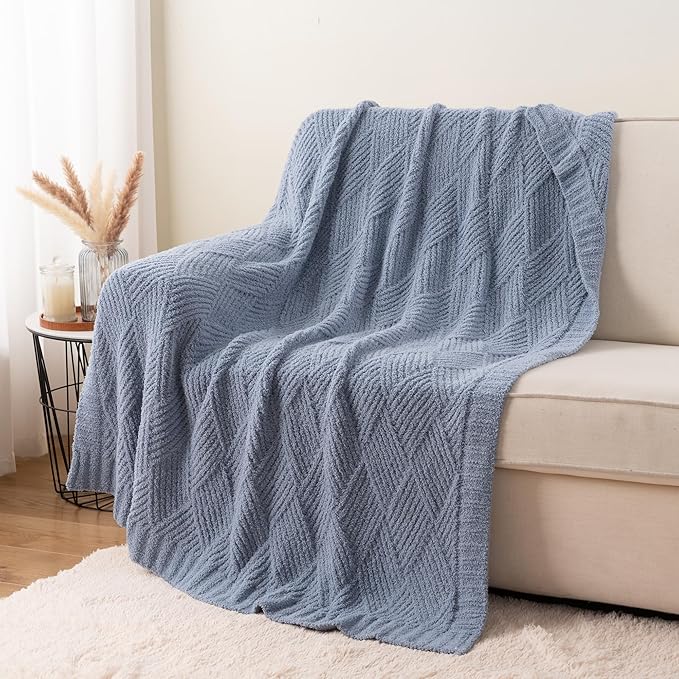 Battilo Bluish Grey Diamond Knit Throw Blanket for Couch and Bed, Soft Textured Chenille Blanket, Cozy Lightweight Decorative Blanket for Sofa, 50"x60"