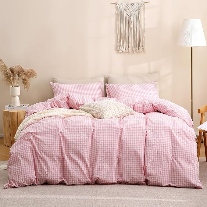 TOCOMOA Pink Gingham Duvet Cover Bedding Set 100% Washed Cotton Like Linen Feel Super Soft Comfortable 3 Piece Cute Plaid Checkered Comforter Cover Set (King 104"x90", Comforter Not Included)