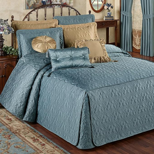 Cambridge Classic Luxury Bedding | Blue Shadow Solid Color Polyester Satin | Elaborate Damask Quilting | 6 Pc Bed Set Includes Fitted Oversized King Bedspread, 2 King Shams, & 3 Decorative Pillows