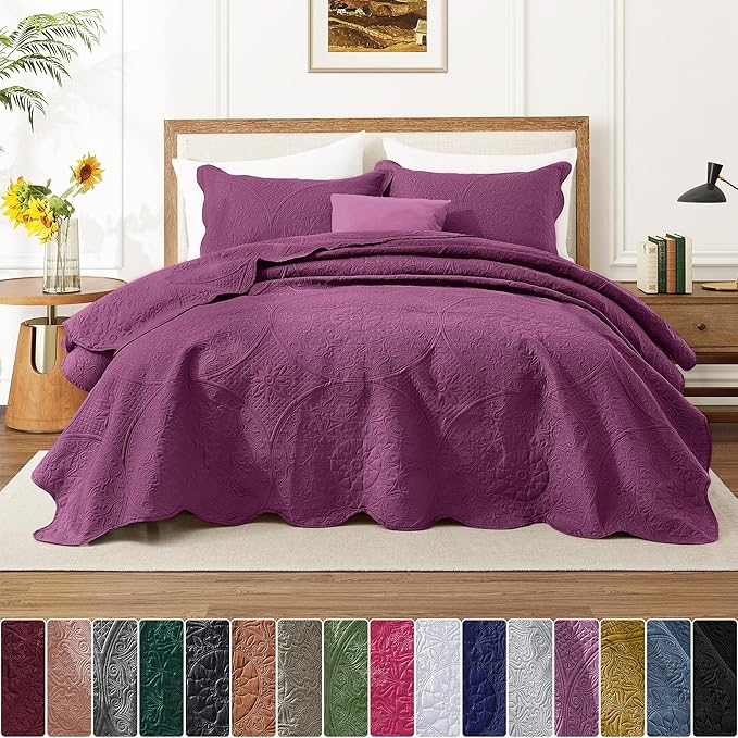 IR Imperial Rooms Queen Quilt Bedding Set Size (90" x 96") + 2 Pillow Shams (20" x 26"+ 2") - 3 Pcs All Season Lightweight Reversible Microfiber Coverlet Floral Embossed Quilt Bedspread (Purple)