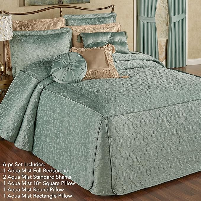 Cambridge Classic Luxury Bedding | Cool Aqua Mist Solid Color Polyester Satin | Elaborate Damask Quilting | 6 Pc Bed Set Includes Oversized Full Bedspread, 2 Standard Shams, and 3 Decorative Pillows