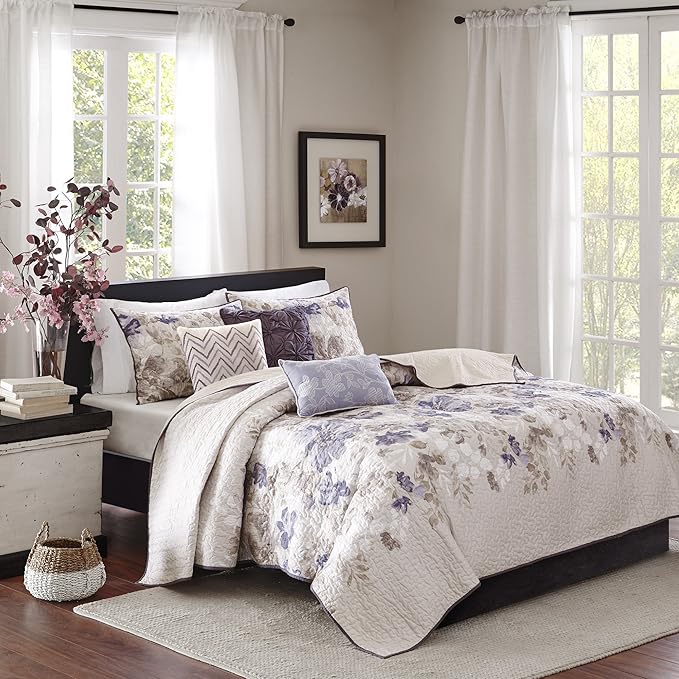 Madison Park Luna Quilt Modern Classic Design All Season, Breathable Coverlet Lightweight Bedding Set, Matching Shams, Decorative Pillow, King/Cal King(104"x94"), Floral Taupe 6 Piece