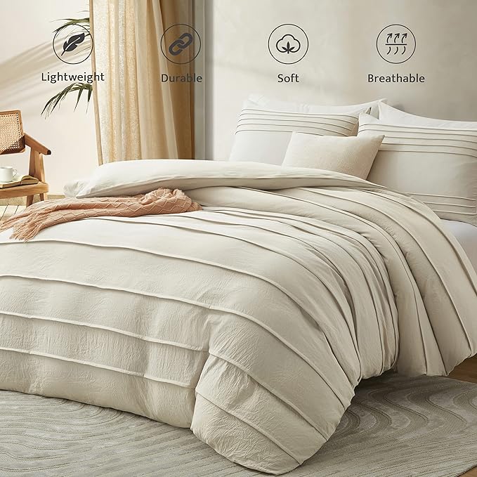 Oli Anderson Beige Duvet Cover Twin Size - Pleated Twin Duvet Cover, 2PCS Soft and Breathable Textured Bedding Set with Zipper Closure(Beige,68"x90")