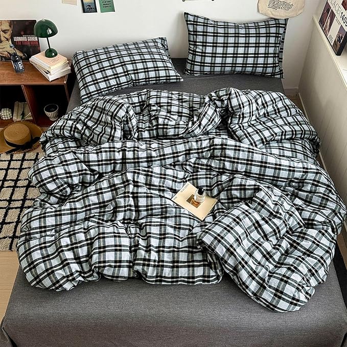 mixinni Vintage Grey & Pale Blue Buffalo Plaid Duvet Cover Set Twin Size - 3 Piece Washed Cotton Bedding Set with Grid Pattern, Soft & Breathable Duvet Cover with Pillowcases for Boys, Men& Women