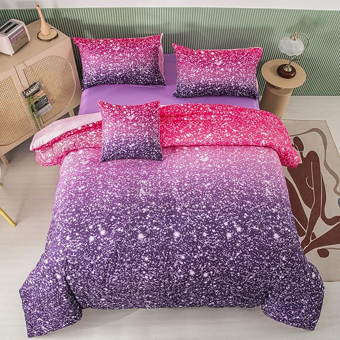 PERFEMET Pink Purple Girls Queen Comforter Set with Sheets 6 Pieces Colorful Rainbow Tie Dye Kids Bedding Set Sparkle Glitter Ombre Bed in A Bag Soft Fluffy Teen Girl Bed Set for Bedroom Decor