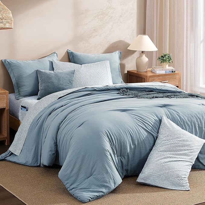 Monbix Full Size Comforter Set - 7 Pieces Dusty Blue Prewashed Bed in a Bag Full Bedding Sets with Comforters, All Seasons Ultra Soft Comforter Bed Set with Sheets,Pillowcases & Shams