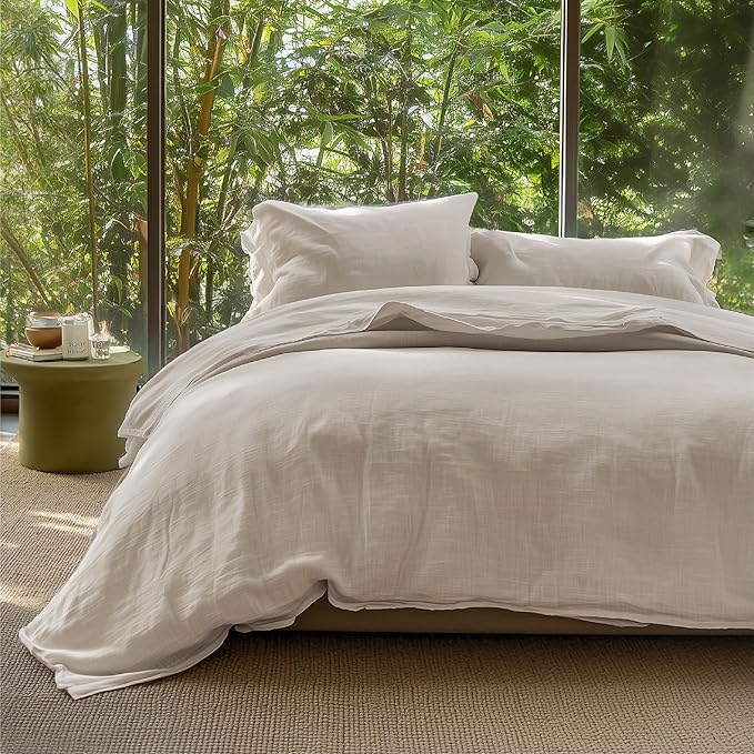Bedsure Muslin Duvet Cover Queen Size - Cotton Blend Rayon Derived from Bamboo, Cooling Duvet Covet for Hot Sleepers - Ultra-Soft & Breathable Bedding Set for All Seasons(Oat Milk, 90"x90")