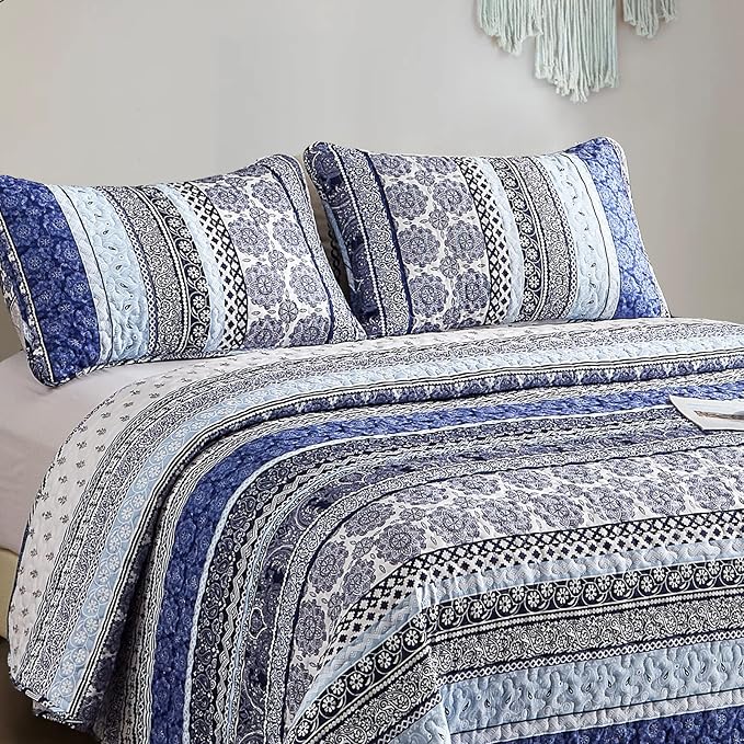 WONGS BEDDING Boho Quilt Set Queen Size, Blue Bohemian 3 Pieces Quilt Sets, Lightweight Bedspread Coverlet Bedding Set for All Season (96"x90")
