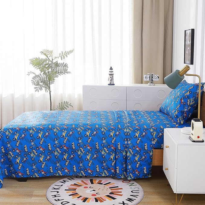 Kids Sheet Set Twin Size, Twin Sheet Set with Motorcycle Pattern，Breathable Silky Soft Microfiber Kids Fitted Sheet