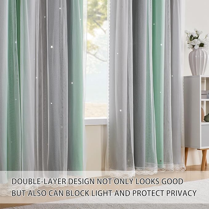 XiDi Green Grey 90 Inches Curtains for Girls Bedroom 2 Panels Set, Blackout Rainbow Curtains for Kids Room Decor, Unicorn Wall Decals Drapes for Little Girl Nursery Room 34 Inches Wide
