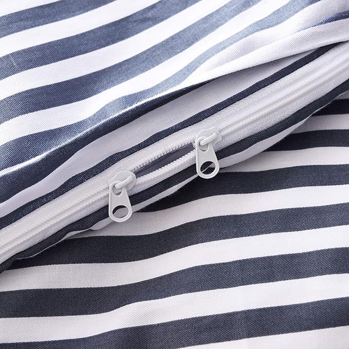 JELLYMONI 100% Natural Cotton 3pcs Striped Duvet Cover Sets,White Duvet Cover with Navy Blue Stripes Pattern Printed Comforter Cover,with Zipper Closure & Corner Ties(King Size)