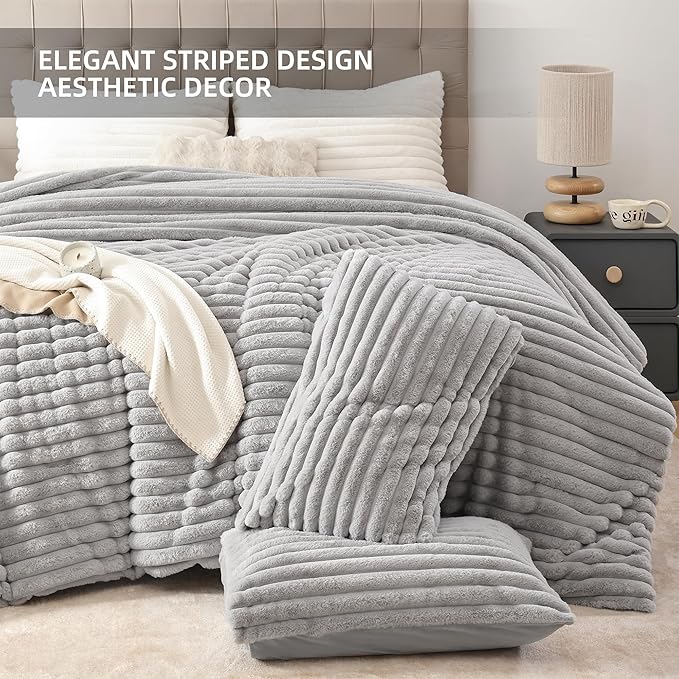 Smoofy Fluffy Twin Comforter Sets 2 Pieces - Light Grey Fleece Fluffy Comforter Set, Luxury Fuzzy Twin Bedding Set, Soft Warm Comforter All Season, Heavy Faux Fur Comforter with Pillow Cases