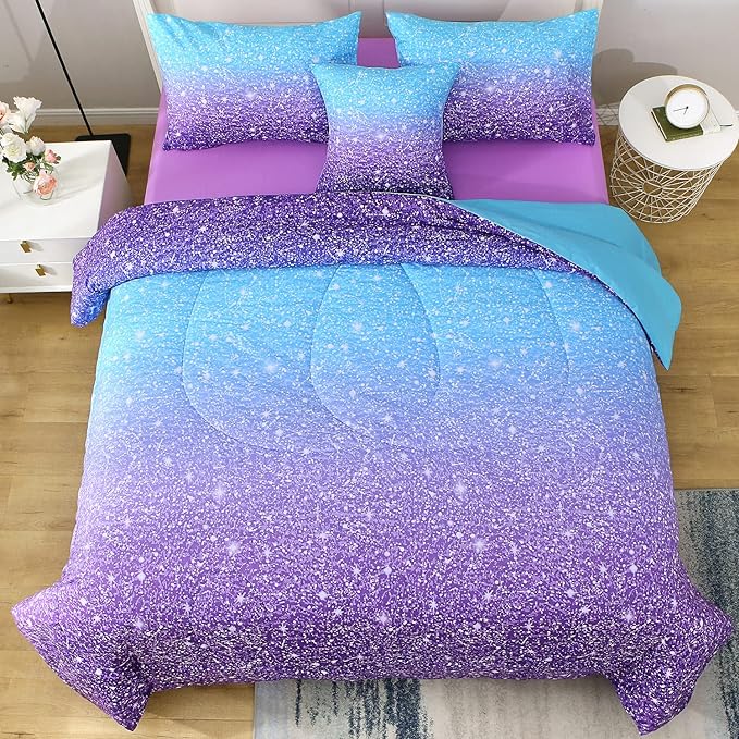 JQinHome Glitter Comforter Set Twin Size,6 Piece Bed in A Bag 3D Colorful Ombre Bedding Set for Girls Kids(1 Comforter,2 Pillowcases,1 Flat Sheet,1 Fitted Sheet,1 Cushion Cover)(Blue Purple)