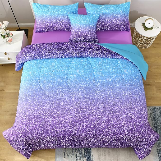 JQinHome Queen Blue Purple Comforter Set, 6 Piece Bed in A Bag 3D Colorful Ombre Bedding Set for Girls Women (1 Comforter,2 Pillowcases,1 Flat Sheet,1 Fitted Sheet,1 Cushion Cover)(Blue Purple)