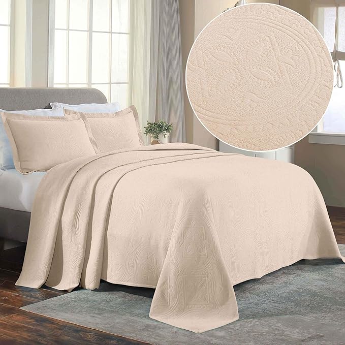 Superior 2 Piece Celtic Circles Cotton Bedspread Set, Decorative Bed Spread, Home Bed Decor, 1 Pillow Sham, Medium Weight Blanket, Matelasse Coverlet Bedding, Wedding Ring Design, Twin, Ivory