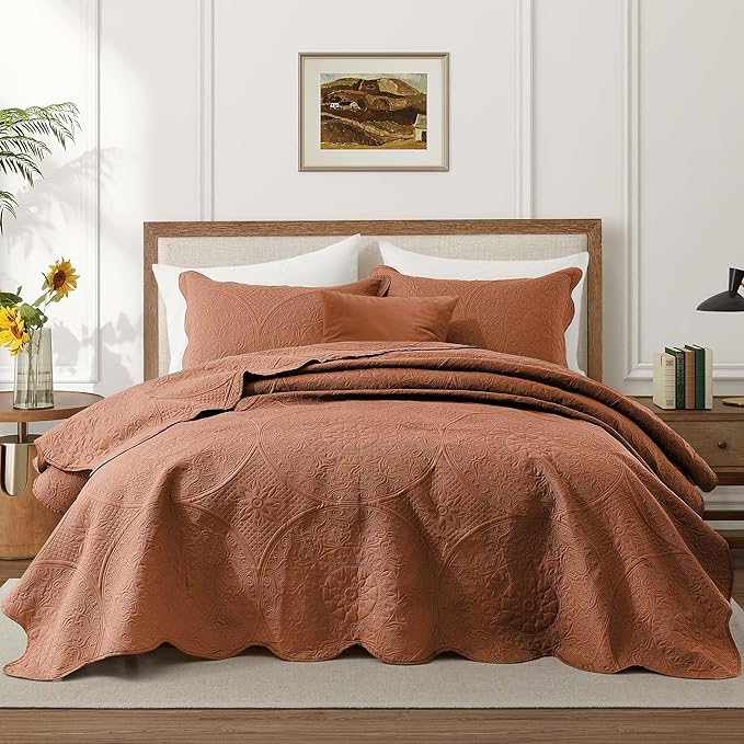 MOONLIGHT20015 10 Pack Queen Quilt Bedding Set (90" x 96") - Bulk Wholesale for Hotels, Guest Bedroom & Airbnbs - Lightweight Microfiber Reversible Floral Embossed Quilts Bedspreads (Rust)