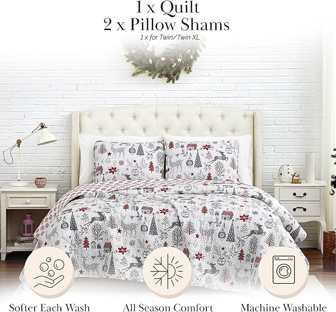 Southshore Fine Living, Inc. Holly Jolly Christmas Quilt Comforter, Holiday Bedding Set 2-Piece Oversized Christmas Bedding Quilt Set with Quilted Shams, Twin/Twin XL