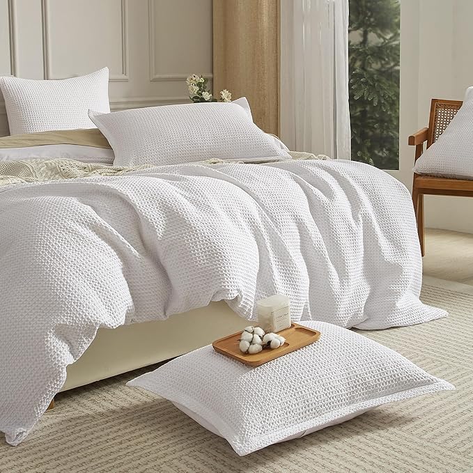SE SOFTEXLY Waffle Duvet Cover King, 100% Cotton Waffle Weave Bedding Duvet Cover Set, Soft and Breathable Comforter Cover for All Season, 3 Pieces Including Pillow Shams（White, 104”x90”）