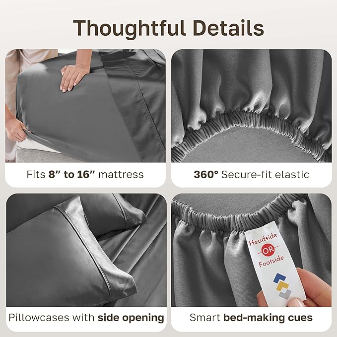 California Design Den Soft Queen Sheet Set - Soft 400 Thread Count Sateen, Natural 100% Cotton Sheets for Queen Size Bed, Deep Pockets for a Snug Fit, Durable Bedding Set - Grey