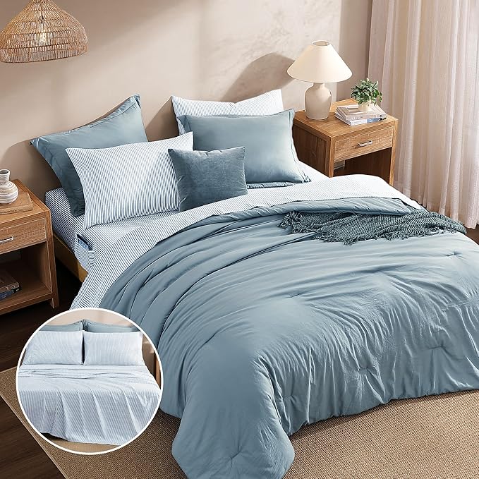 Monbix King Size Comforter Set - 7 Pieces Dusty Blue Prewashed Bed in a Bag King Bedding Sets with Comforters, All Seasons Ultra Soft Comforter Bed Set with Sheets,Pillowcases & Shams