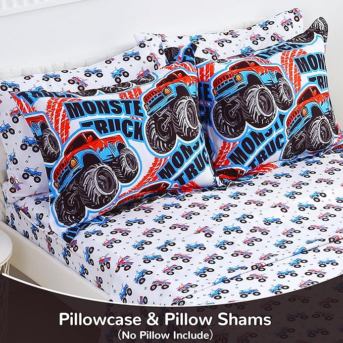 Viviland Kids Full Bedding Sets for Boys, Soft Full Comforter Set with Sheets, 7 Pieces Microfiber Bed in a Bag, Monster Truck