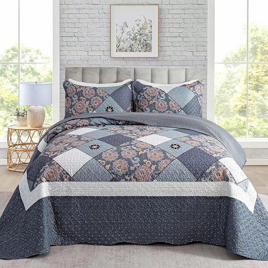 Travan 3-Piece King Bedspread Quilt Set Lightweight Coverlet Set Garden Style Floral Printed Oversized Quilted Bedding Set with Shams for All Season, Exquisite, King Size