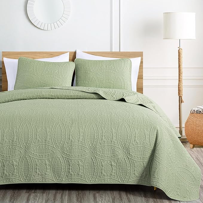 Chezmoi Collection Austin 3-Piece Oversized Bedspread Coverlet Set (Queen, Sage)