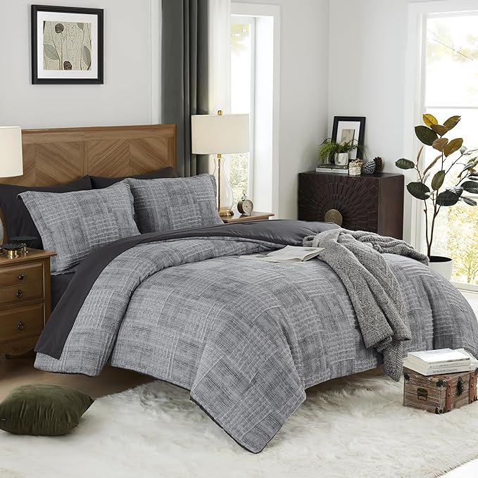 MaiRêve Charcoal Grey Oversized Queen Comforter Set, Textured Design Crinkle Bed in A Bag, 7 Pieces Bedding Set with Comforter, Sheets, Pillowcases & Shams 98"x 98"