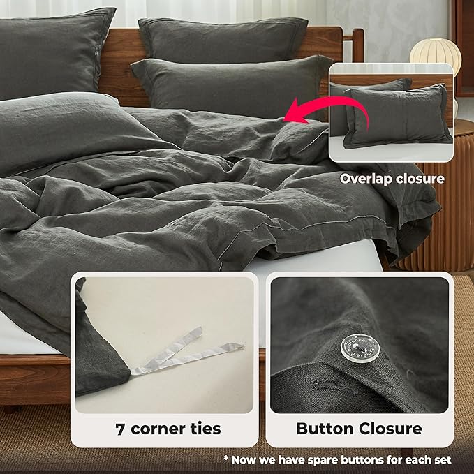 Simple&Opulence 100% Washed Linen Duvet Cover with Embroidered, 3 Pieces Soft Farmhouse Comforter Set with Button Closure,1 Duvet Cover and 2 Pillowshams(Full,Charcoal Grey)