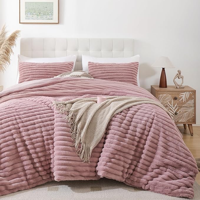 Smoofy Fluffy Twin Comforter Sets 2 Pieces - Old Pink Fleece Fluffy Comforter Set, Luxury Fuzzy Twin Bedding Set, Soft Warm Comforter All Season, Heavy Faux Fur Comforter with Pillow Cases