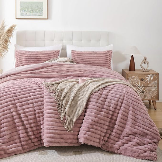 Smoofy Fluffy King Size Comforter Set 3 Pieces - Old Pink Fleece Fluffy Comforter King Size, Luxury Fuzzy King Bedding Set, Soft King Size Bed Set All Season, Heavy Bedding King with 2 Pillow Cases