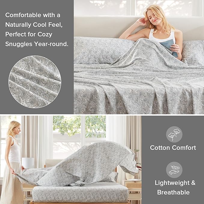 Comfort Spaces 100% Cotton Sheet Set Breathable, Lightweight, Soft with 14" Elastic Pocket Fits up to 16" Mattress, All Season Cozy Bedding, Matching Pillow Case, Full Paisley Multi 4 Piece