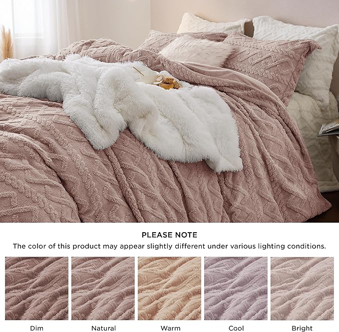 Bedsure Fluffy Flannel Duvet Cover Set - Faux Fur Comforter Cover Queen Size, Cameo Rose Warm Plush Bedding for Winter, 3-Piece Set with Zipper Closure (90"x90") and 2 Pillow Shams