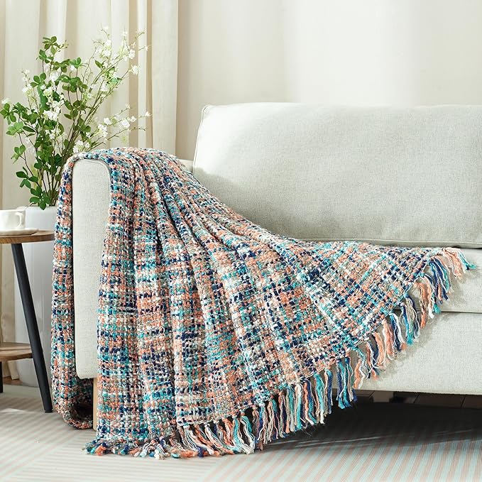 Multi-Color Pink Cable Knitted Throw Blanket for Couch,50"X60" Boho Style Textured Blankets for Home Decor,Super Soft Warm Cozy Chunky Knit Blanket with Decorative Tassels for Bed and Sofa